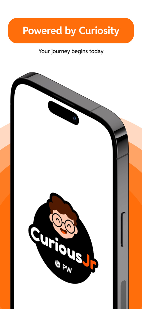 CuriousJr powered by PW - Splash screen for CuriousJr app featuring a cartoon boy mascot and the text Powered by Curiosity.