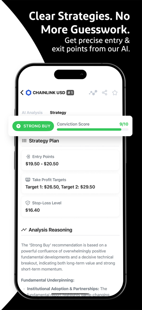 Stockbroker AI - Stockbroker AI app interface showing a trading strategy for Chainlink with entry points and take profit targets.