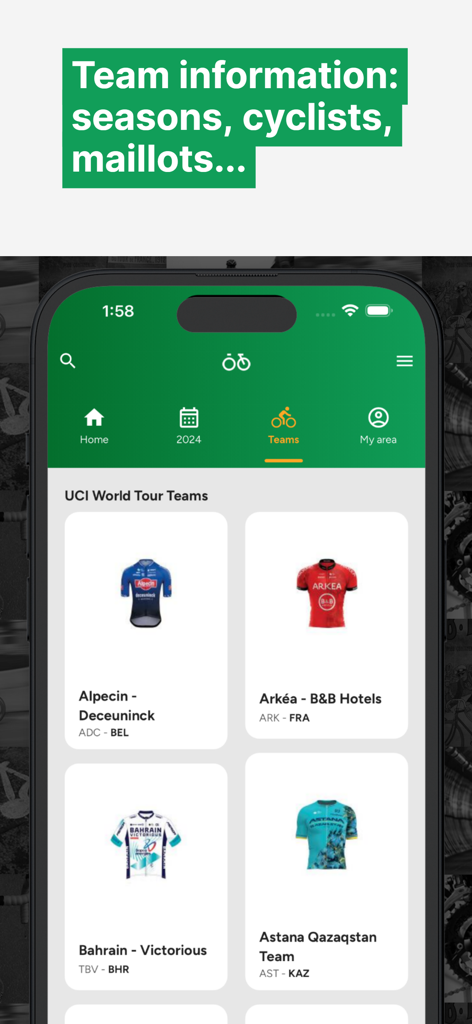 Cyclingoo: Cycling results - Cyclingoo app screen showing a list of UCI World Tour professional cycling teams with their official jerseys