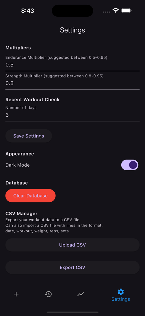 Settings screen of the Simply Workout Tracking app showing data export and dark mode options