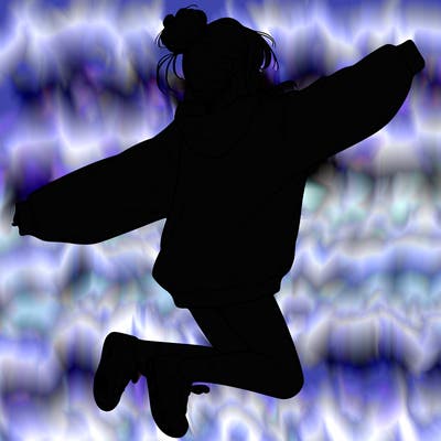 realistic girl jumping with a bun and oversized sweatshirt