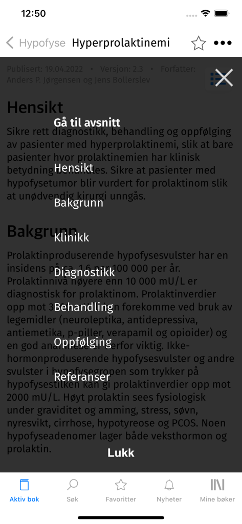 Metodebok - Metodebok app interface showing a section navigation menu over a medical protocol text.