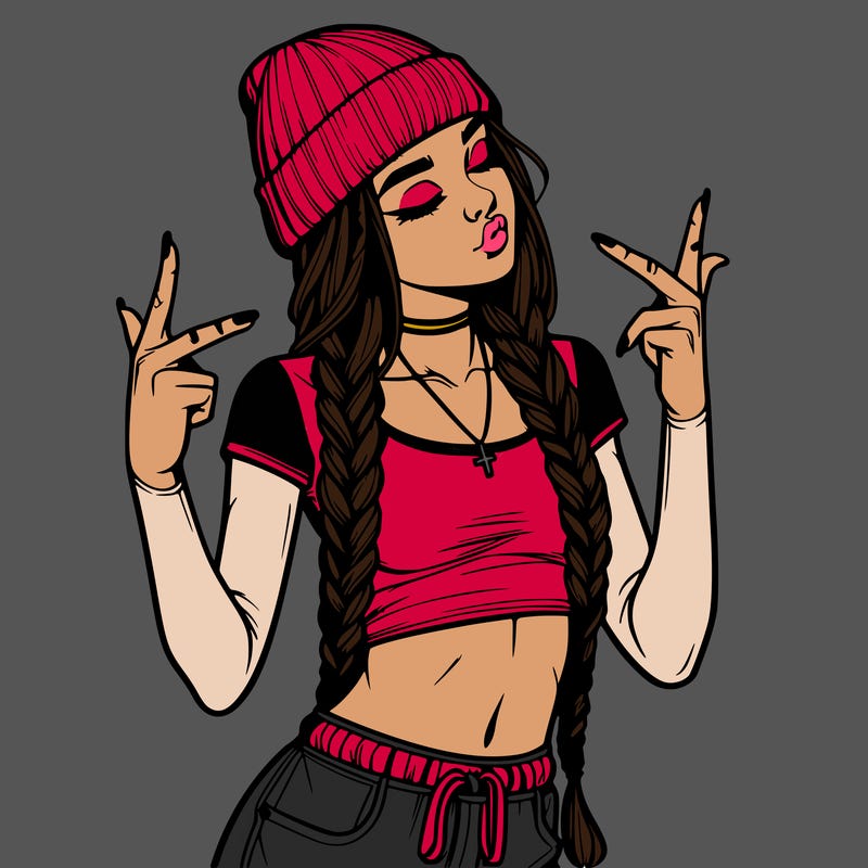realistic teenage girl with braids and a beanie and crop top doing 🫶🏼