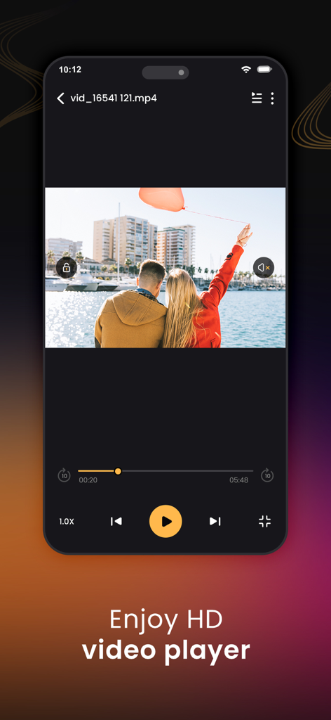 Music Player & MP3 Player ‣ - Interfaz de la aplicación Reproductor de Música y Reproductor de MP3 que muestra la reproducción de vídeo de alta definición con controles de reproducción
