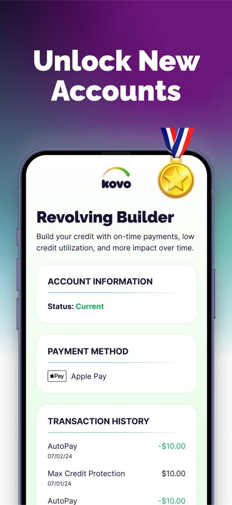 Kovo app interface showing Revolving Builder account status and transaction history