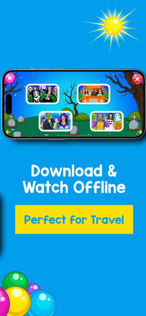 Application Bounce Patrol montrant la fonction de téléchargement et de visualisation hors ligne pour les comptines pour enfants