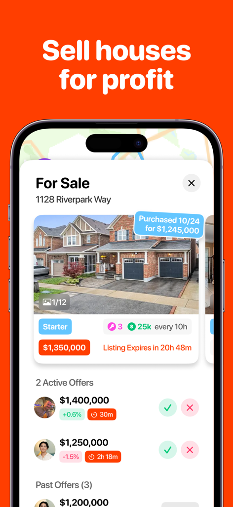 Househunt: Fun With Real Homes - A mobile app screen showing a real estate listing for sale with active cash offers in the Househunt game