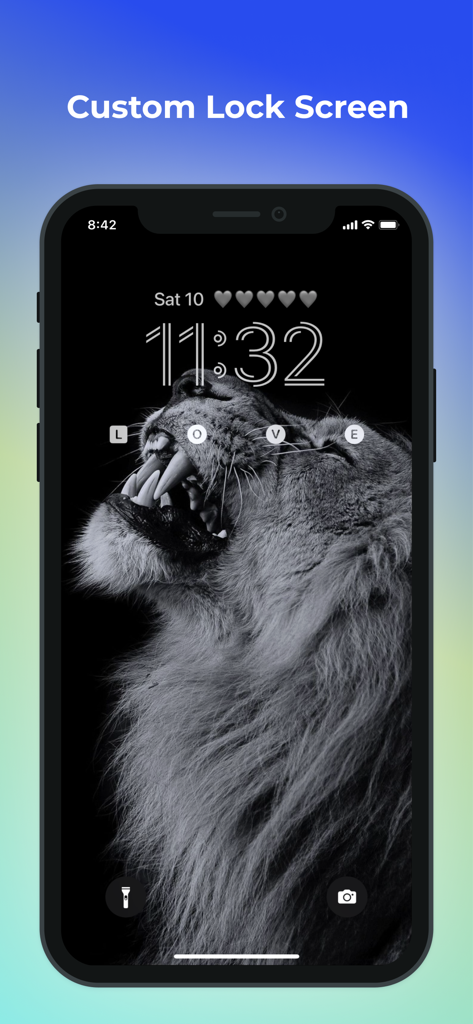 A customized iPhone lock screen with a black and white lion wallpaper, stylized clock font, and letter widgets spelling LOVE.