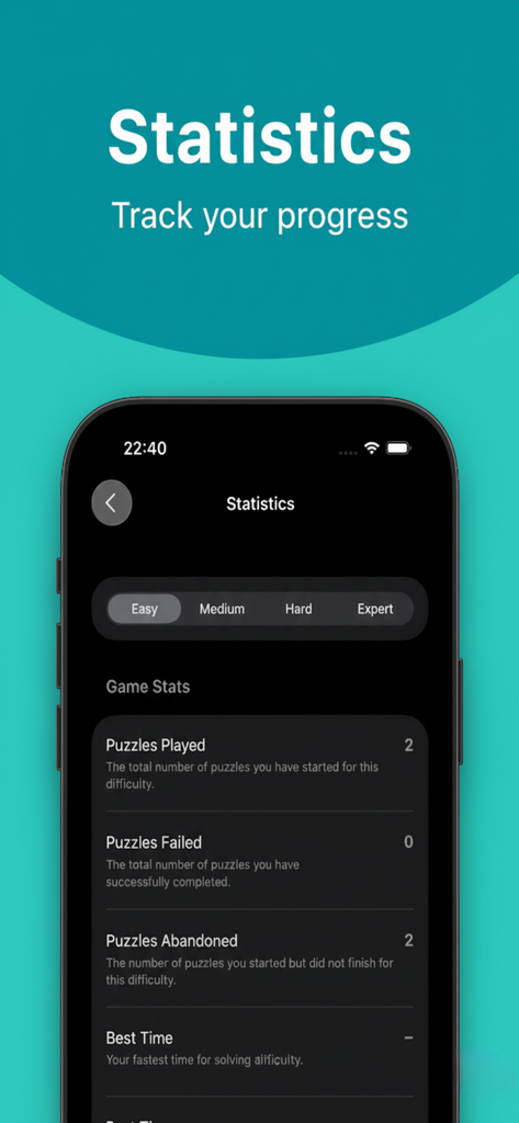 Sudoku #No ads - Statistics screen of the Sudoku No Ads app displaying puzzles played and progress tracking in dark mode interface.