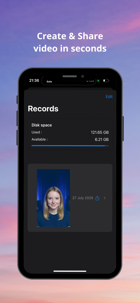 CamScript – Teleprompter Cam - CamScript app interface showing the video records list and device storage status