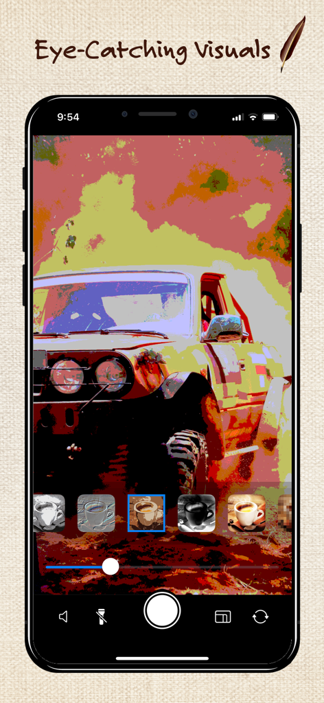 SketchSnap app camera interface showing a truck with a colorful poster style artistic filter applied