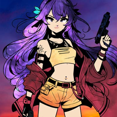 bad girl wearing crop top holding a gun long hair anime