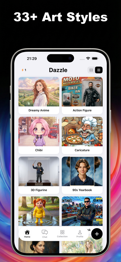 Startbildschirm der Dazzle AI App, der über 33 KI-Kunststile anzeigt, darunter Dreamy Anime, 90s Yearbook und Action Figure.