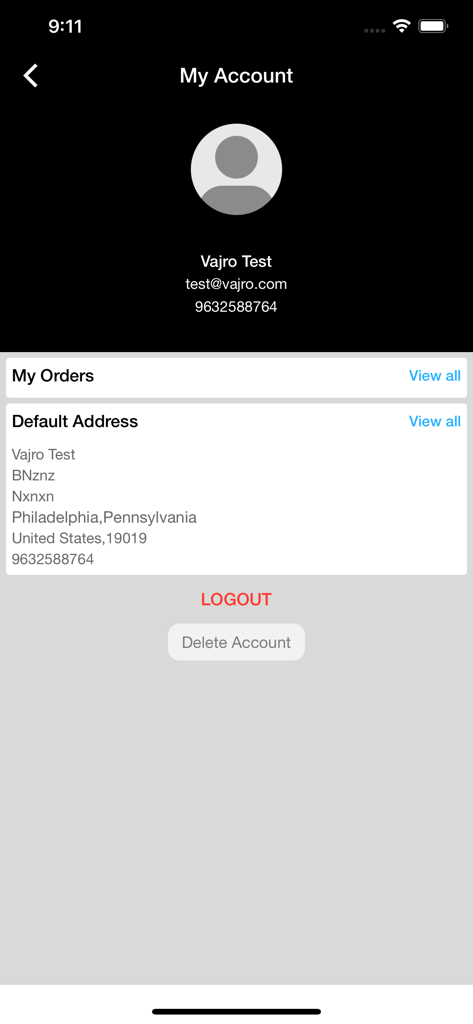 IMarE Boutique mobile app My Account screen displaying user profile details and order history.