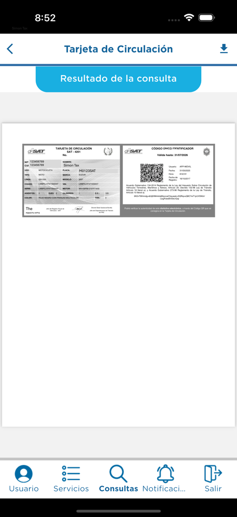 SAT GT - SAT GT app showing a digital vehicle registration card for Guatemala