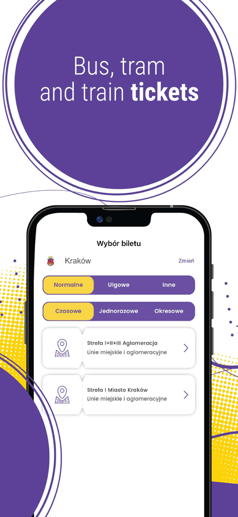 Tela do aplicativo móvel mPay para compra de passagens de ônibus, metrô e trem em Cracóvia, Polônia