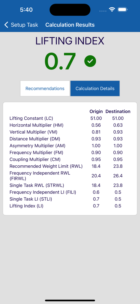 NLE Calc app screenshot showing calculation results and a lifting index of 0.7