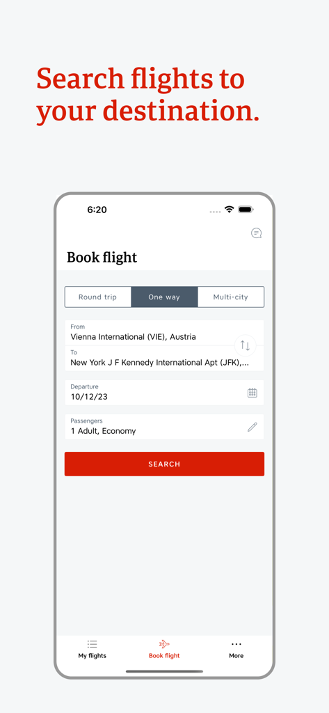 Austrian - Tela de reserva de voos do aplicativo Austrian mostrando uma pesquisa por um voo só de ida de Viena para Nova York
