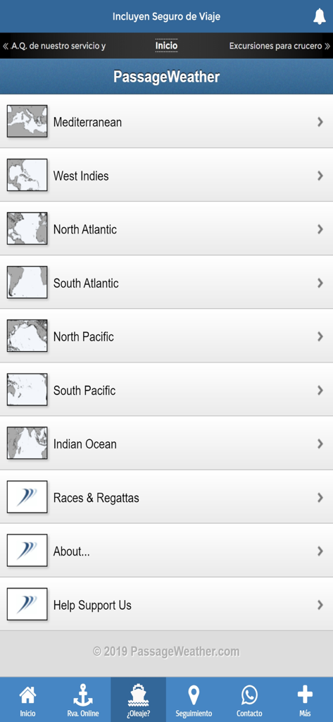 Passage weather menu in the Appcrucerista app showing ocean regions for sea state monitoring
