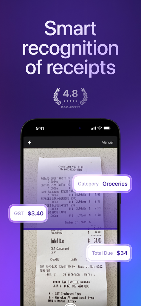 L'application Smart Receipts démontre la reconnaissance OCR automatisée d'un ticket de caisse d'épicerie avec détection de la catégorie et du prix.