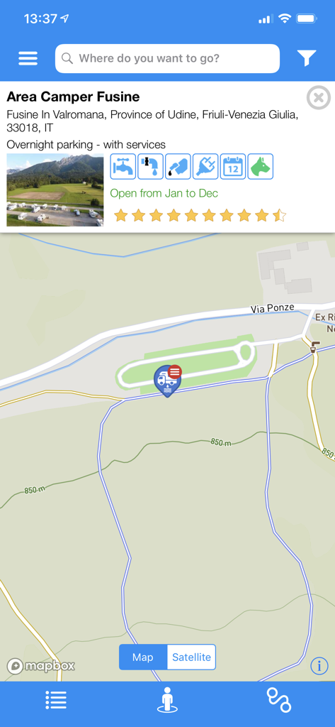 Campsite details and map location on the searchforsites mobile app