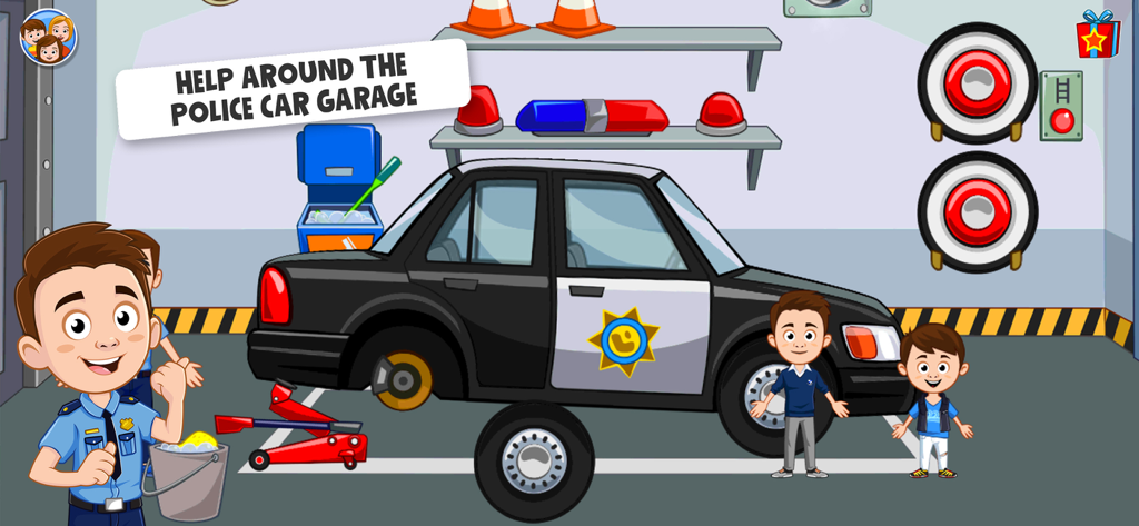 My Town Police game - Be a Cop - A police car being repaired by a policeman and children in a garage