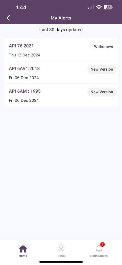 i2i - The My Alerts screen in the i2i app showing status updates for industrial standards