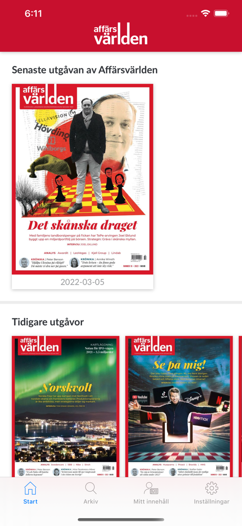 Affärsvärlden AFV - Affärsvärlden mobile app interface displaying digital business magazine covers and navigation menu