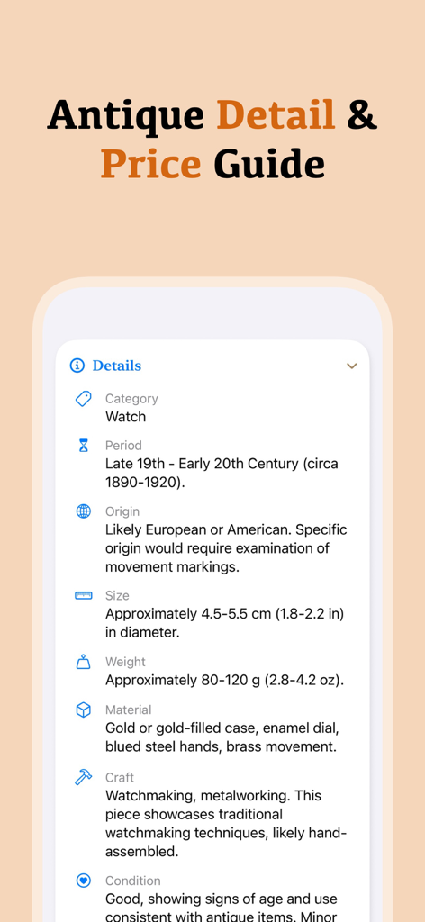 Detailed appraisal and historical context for an antique gold watch on the app interface