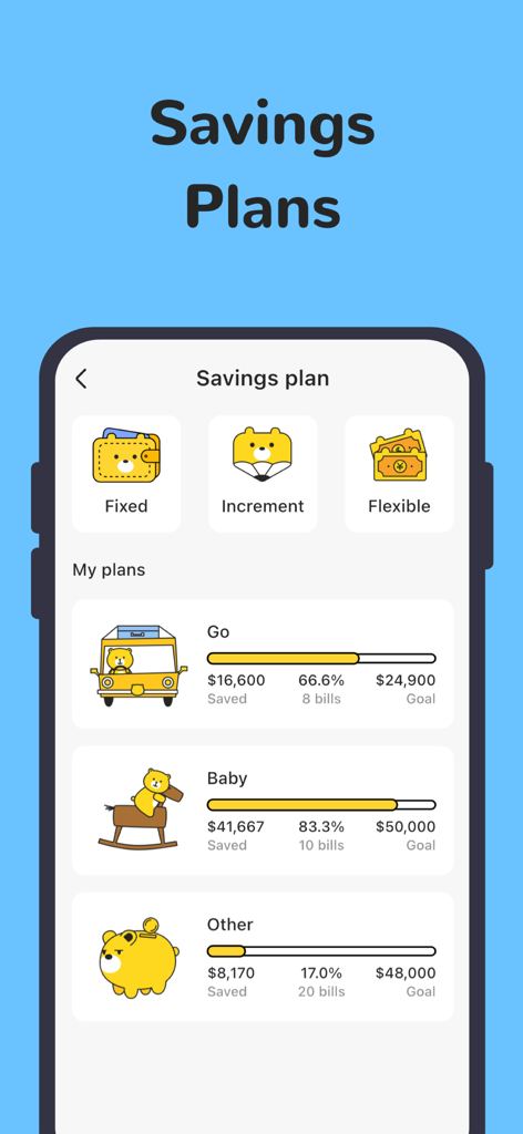 Mobile App-Oberfläche, die Sparpläne und Fortschrittsbalken für finanzielle Ziele zeigt