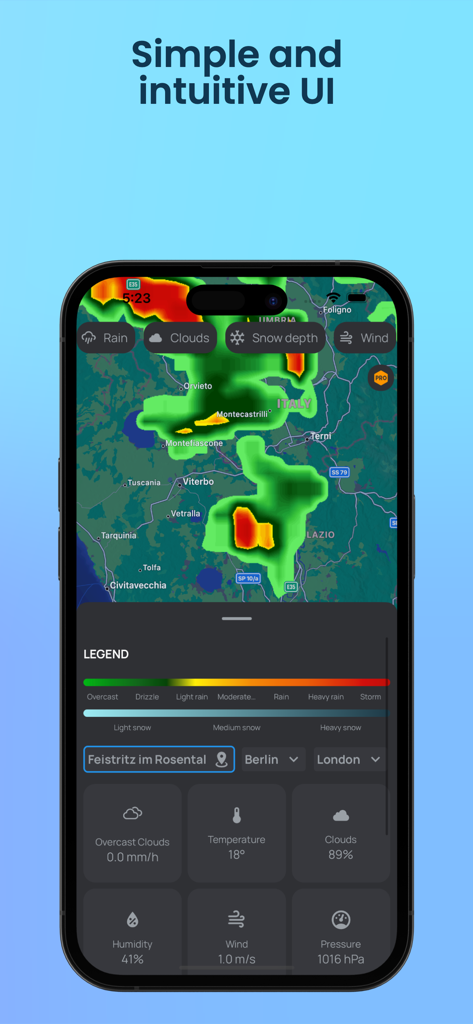 Rain Radar App - Rain Radar App user interface showing a live precipitation map and weather data tiles