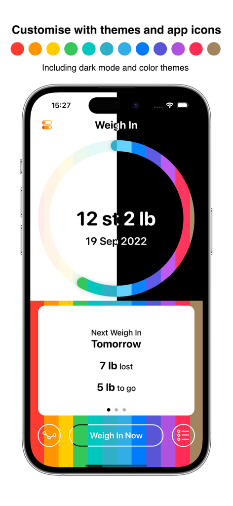 Weigh In: Weight Tracker - Weigh In app interface showing theme and icon customization options with dark mode support.