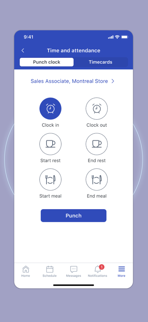 WorkJam mobile app screen showing the punch clock interface for frontline workers to clock in and out