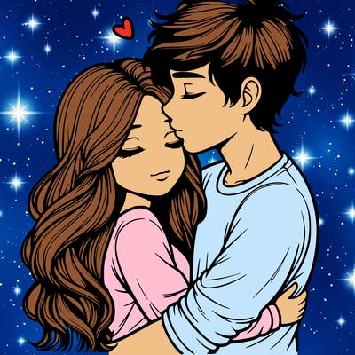 a realistic couple boy and girl hugging and kissing