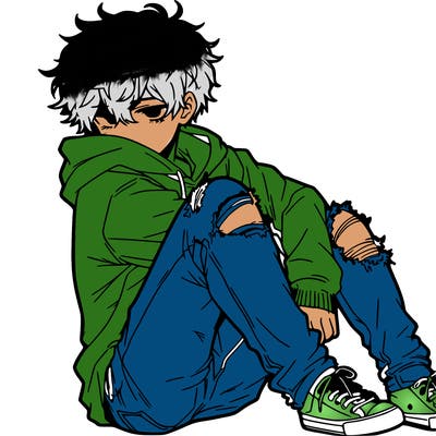 a male hoddie ripped jeans messy hair anime