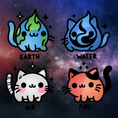 4 cats that represent the different elements, earth, water, air, and fire