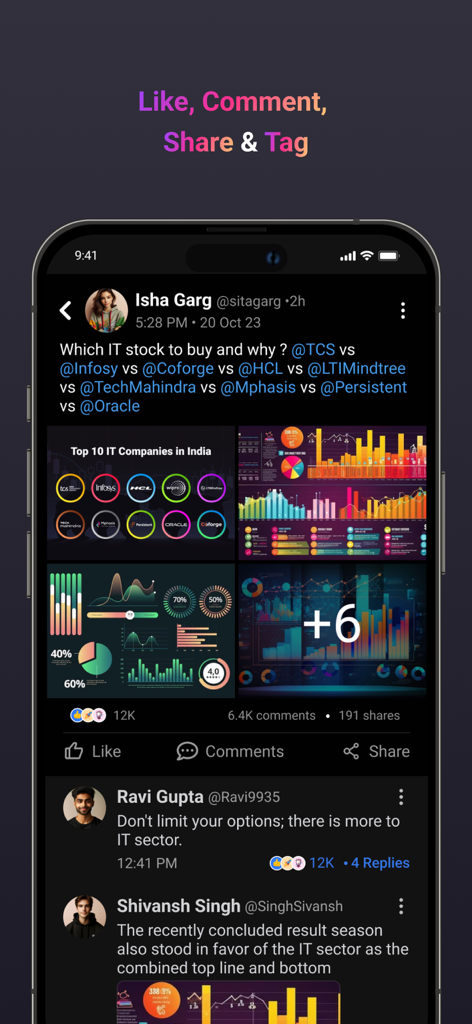 Whalesbook - Whalesbook app screen showing a social community feed with stock market discussions and charts