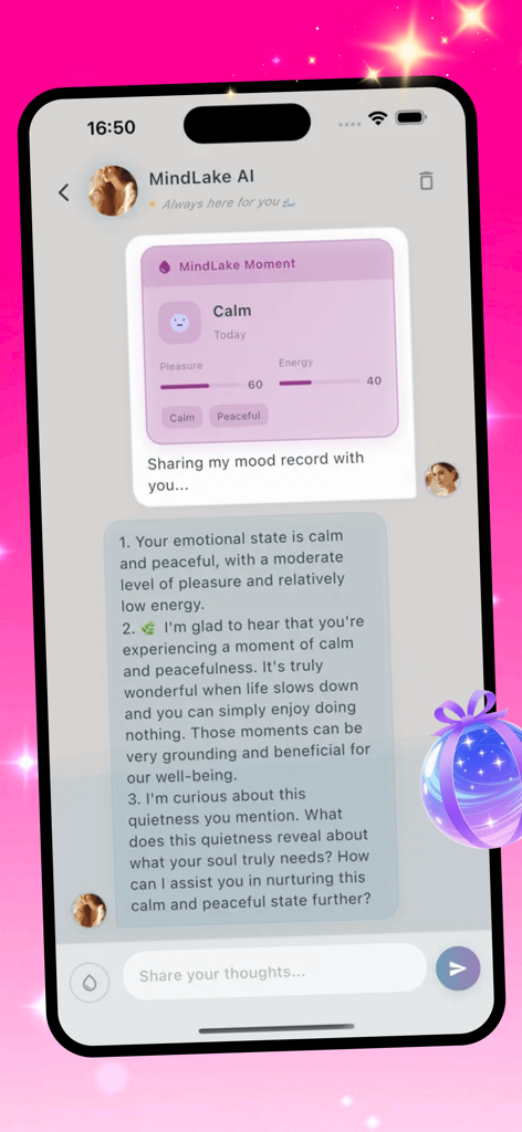 Minla - A chat interface in the Minla app where MindLake AI provides mindful feedback on a user's recorded calm mood.
