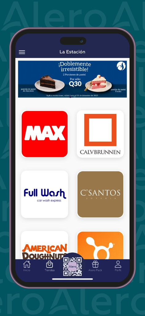 Interface de l'application mobile Alero montrant une variété d'options de magasins de détail et de services, y compris des restaurants et des bijouteries