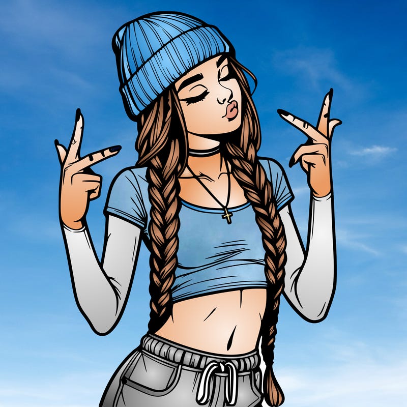 realistic teenage girl with braids and a beanie and crop top doing 🫶🏼