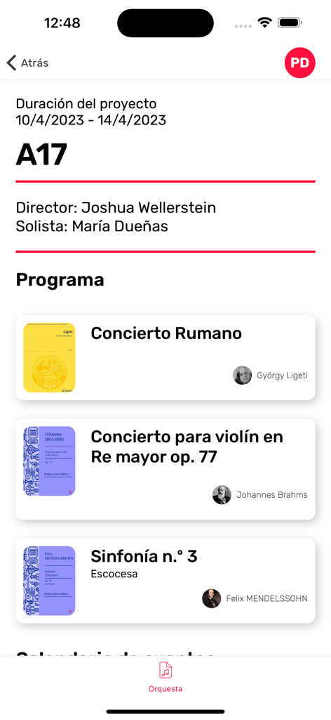 Rolling Scores - Rolling Scores app interface showing a musical program with conductor and repertoire details