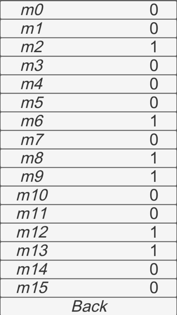 Kmap - Truth table interface in the Kmap app showing minterms m0 to m15 with their binary output values