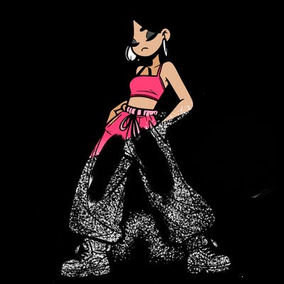 girl in baggy pants crop top and long hair