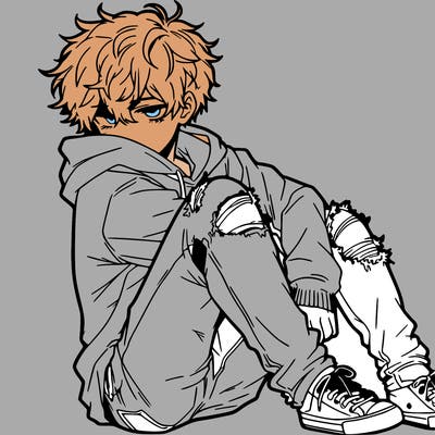 a male hoddie ripped jeans messy hair anime