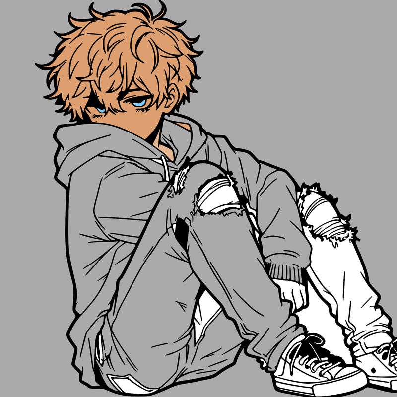 a male hoddie ripped jeans messy hair anime