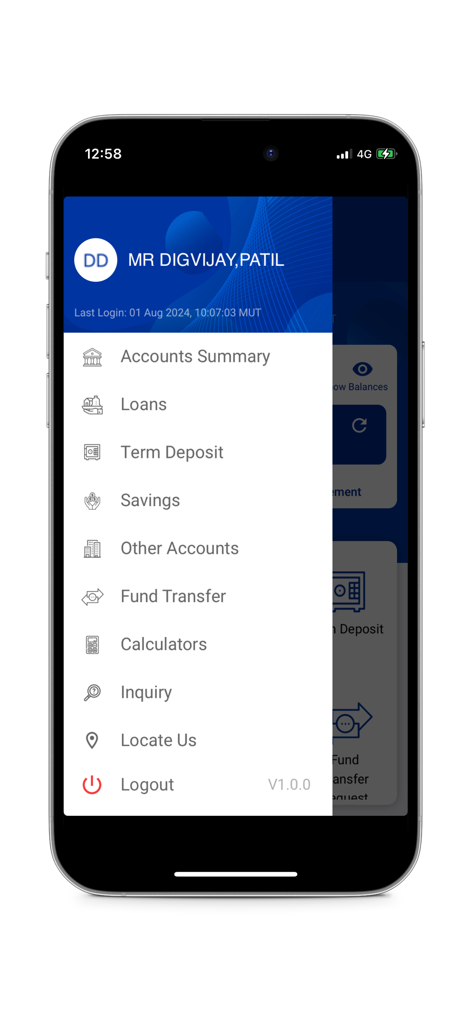 Menu de navigation de l'application MHC Mobile affichant les options pour les comptes, les prêts, les épargnes et les virements de fonds