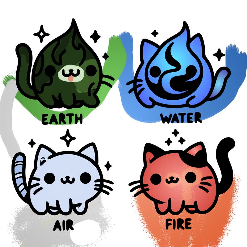 4 cats that represent the different elements, earth, water, air, and fire