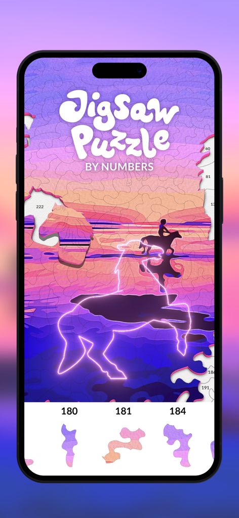 Jigsaw Puzzle by numbers - Gameplay screen of Jigsaw Puzzle by Numbers showing a horse silhouette puzzle at sunset with numbered pieces.