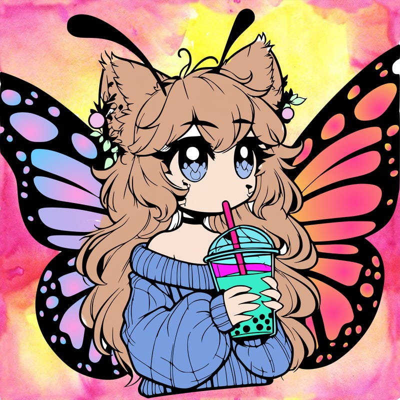 a realistic butterfly/furry girl drinking boba