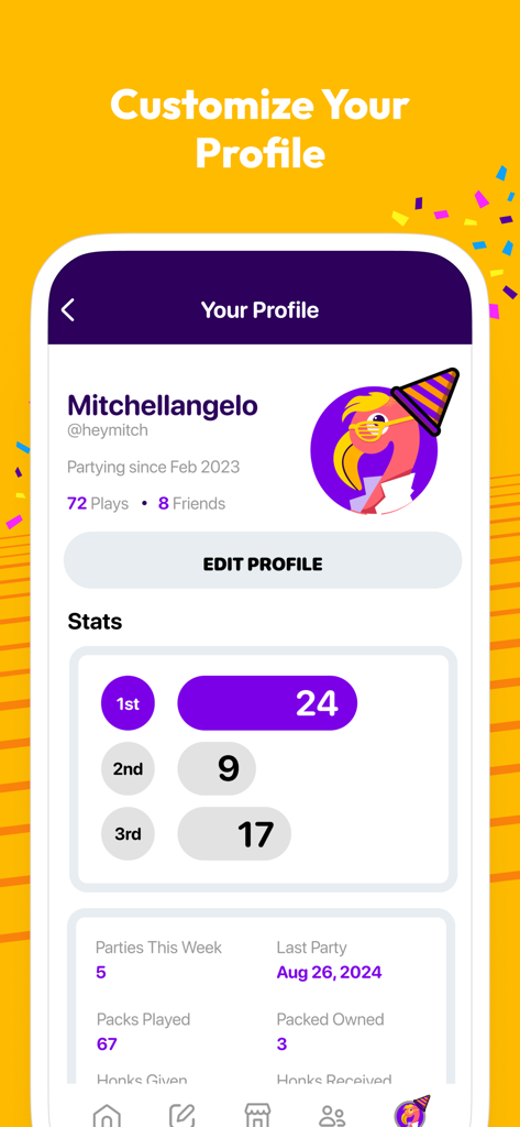 A user profile screen in the Sporcle Party app displaying game statistics, placement history, and a customizable flamingo avatar.
